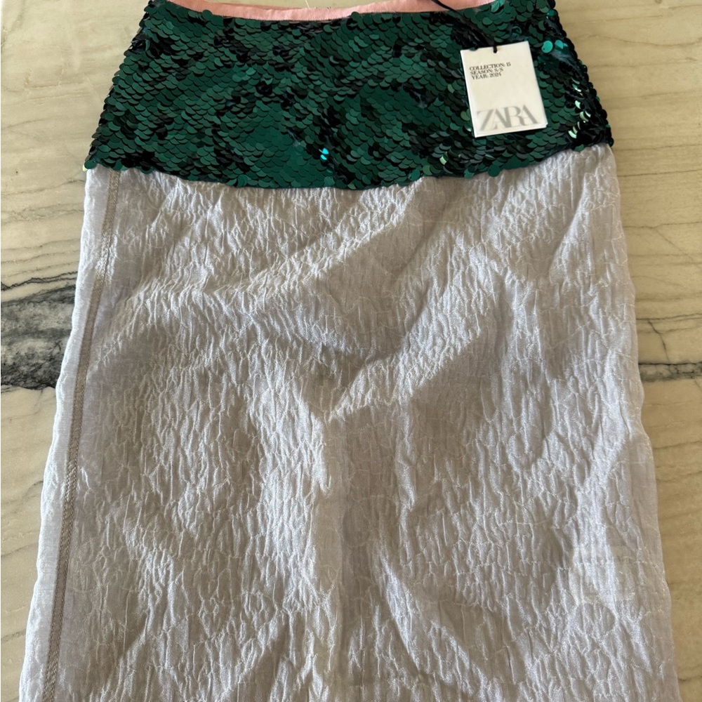 Zara Green and Silver Sequin Midi Skirt